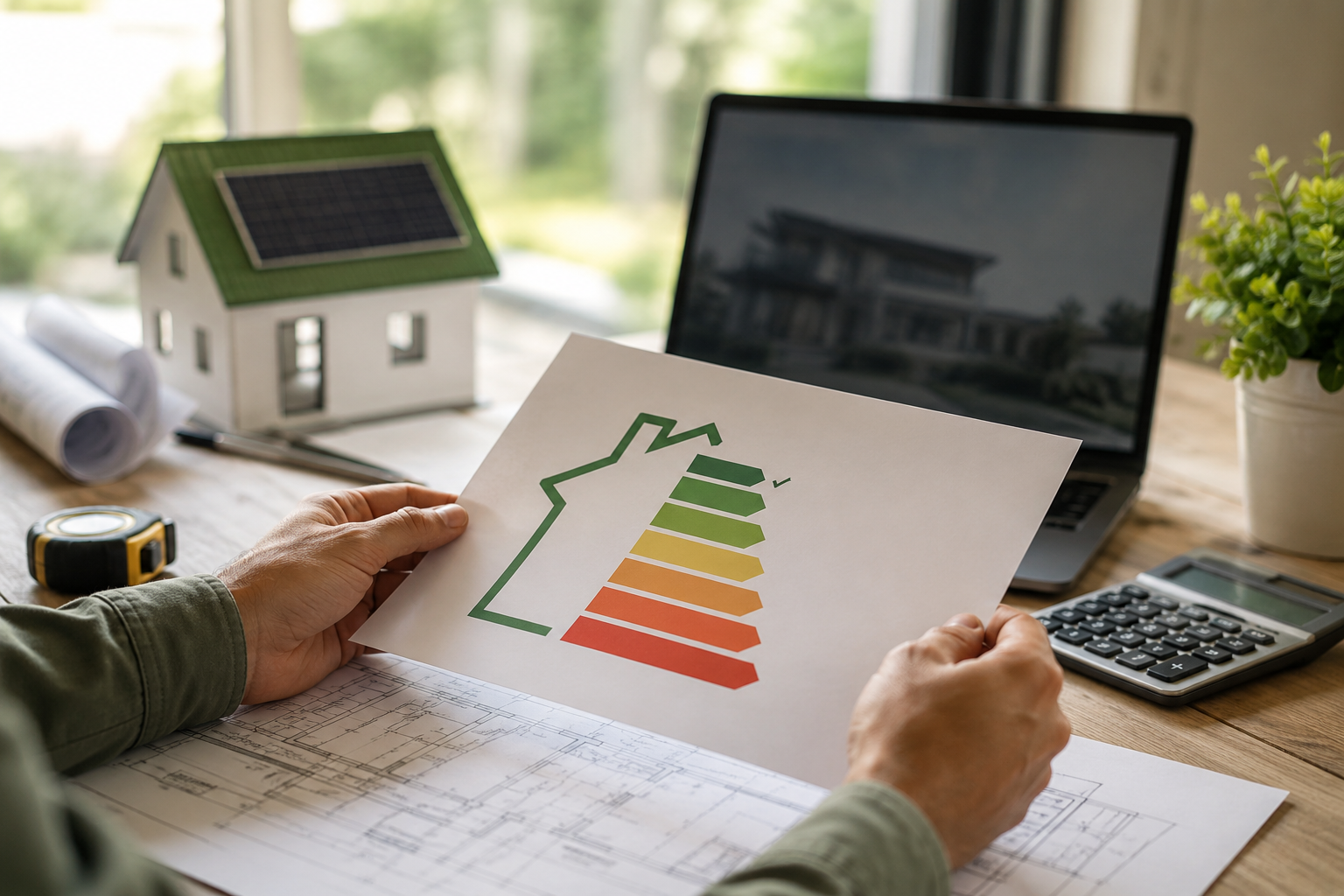 Energieausweis mit Energieeffizienzskala wird in der Hand gehalten